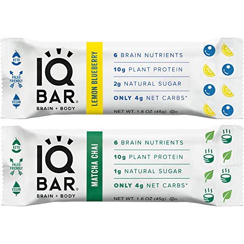 Book Cover IQ BAR Brain + Body Bar, Get Up And Go Variety Pack, 10g Plant Protein, 1-2g Sugar, 4g Net Carbs, Keto, Paleo Friendly, Vegan, Gluten Free, Low Carb, 1.6oz Bar, 6 Count