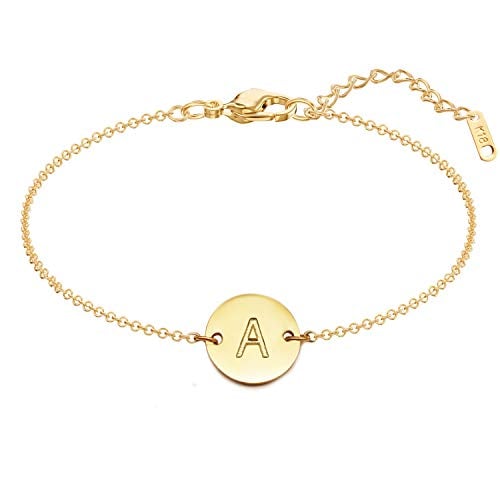 Book Cover MOMOL Initial Charm Bracelets, 18K Gold Plated Stainless Steel Dainty Small Round Coin Disc Initial Bracelet Engraved Letters Personalized Name Bracelet for Girls