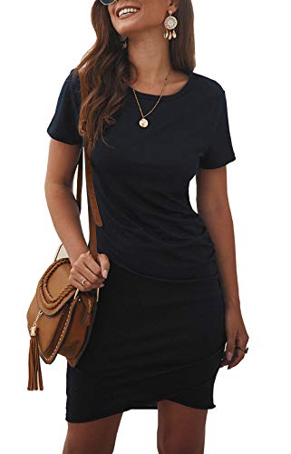 Book Cover BTFBM Women's 2019 Casual Crew Neck Ruched Stretchy Bodycon T Shirt Short Mini Dress