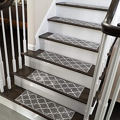 Book Cover SUSSEXHOME Stair Treads - 100% Polypropylene Carpet Strips for Indoor Stairs - Easy to Install Runner Rugs W/ Double Adhesive Tape - Safe, Extra-Grip, Decorative Mats - 13-Pack - Gray