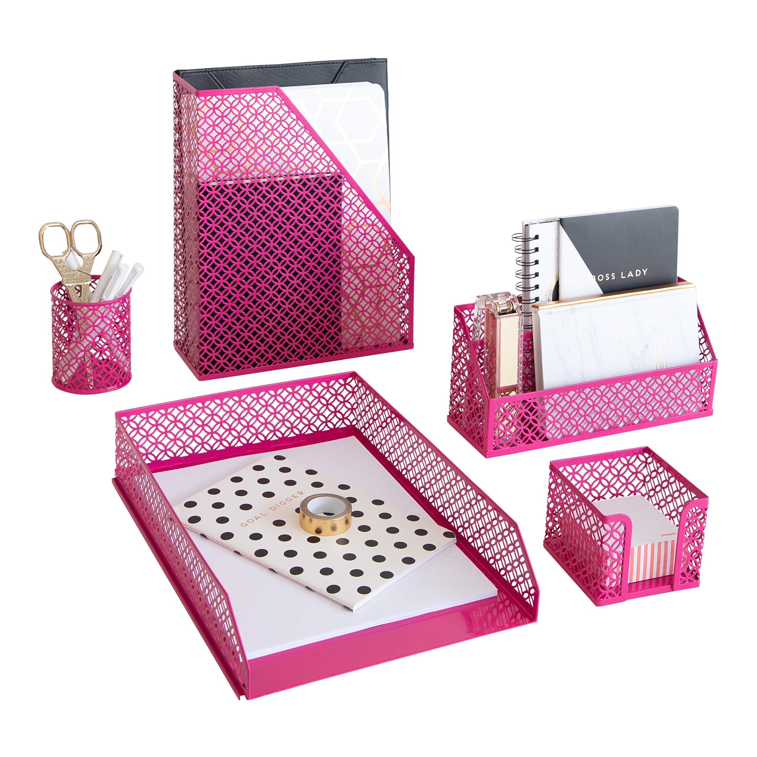 Book Cover Blu Monaco Pink Office Supplies Hot Pink Desk Accessories for Women Office - 5 Piece Cute Pink Desk Organizer Set