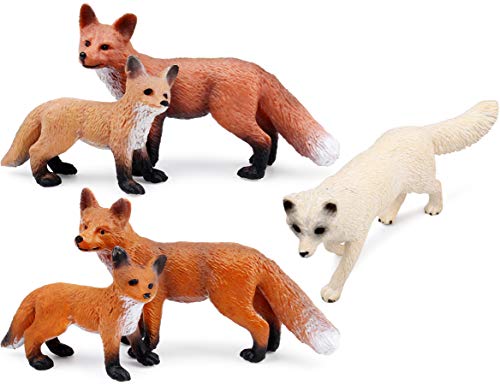 Book Cover UANDME Fox Toy Figures Set Includes Arctic Fox & Red Foxes Figurines Cake Toppers (5 Foxes)