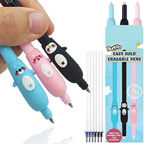 Book Cover Erasable & Cute Kawaii Pens - 3 Pack with 6 Refills - Big Pen Grips - Kawaii Stationary Kids School Supplies - 3 Pack