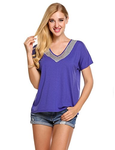 Book Cover HAPLICA Womens Casual Short Sleeve T Shirts V Neck Sequins Cotton Shirts Casual Tops Tees