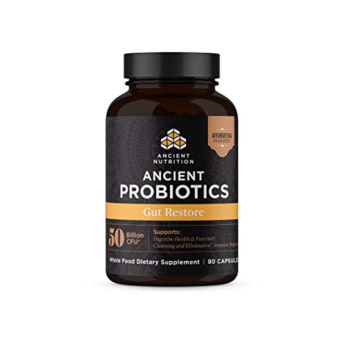 Book Cover Ancient Nutrition Probiotics, Gut Restore 90ct with Ginger and Fenugreek, Supports Digestive Functions, Reduces Diarrhea, Constipation, Gas and Bloating, Superfoods Blend, 50 Billion CFUs*/Serving
