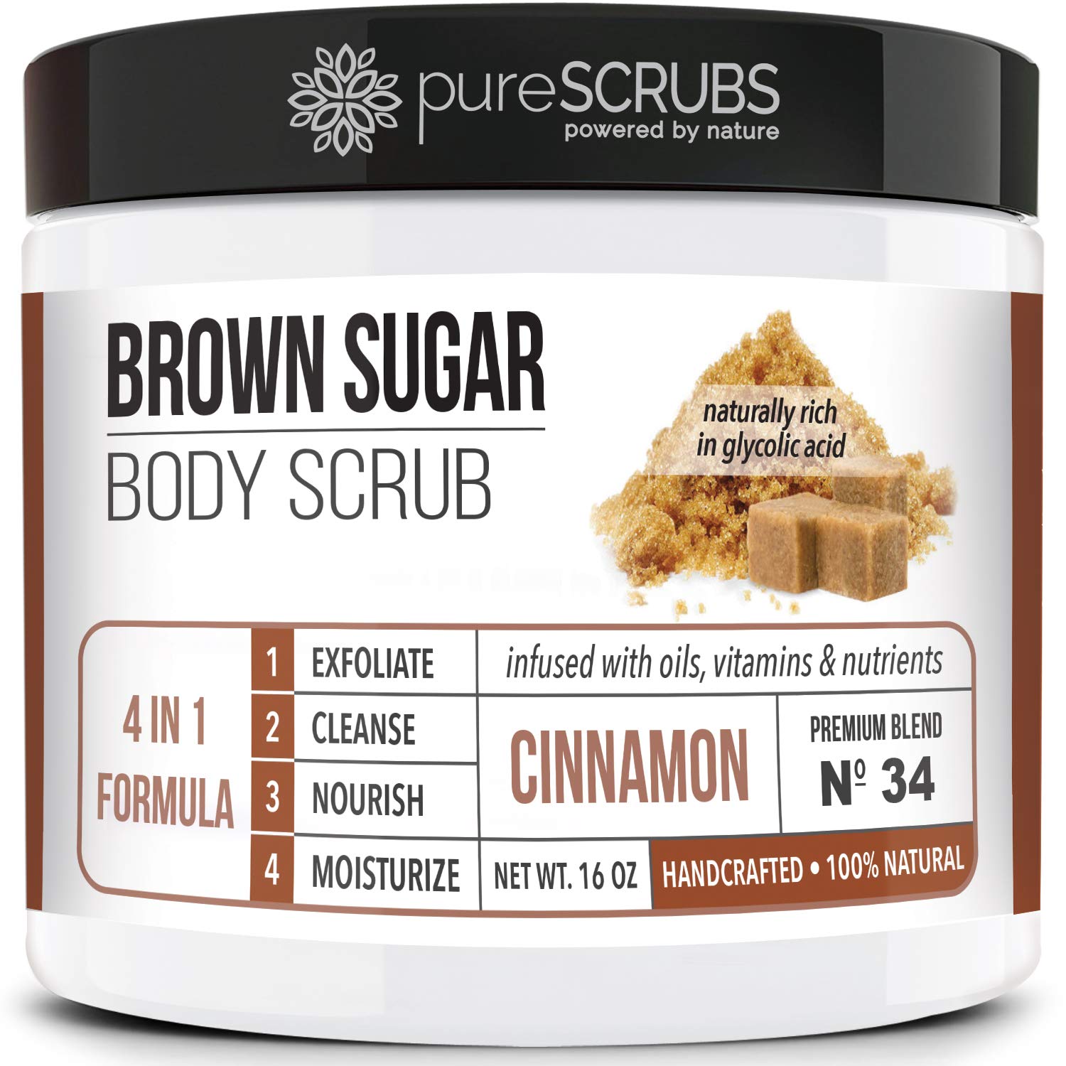 Book Cover pureSCRUBS Premium Organic Brown Sugar CINNAMON FACE & BODY SCRUB Set - Large 16oz, Infused With Organic Essential Oils & Nutrients INCLUDES Wooden Spoon, Loofah & Mini Exfoliating Bar Soap