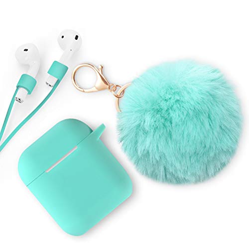 Book Cover Xmifer AirPods Case, Cute Airpods Case Keychain Drop Proof (Silicone Skin and Cover for AirPods Charging Case 2/1) with Fluffy Fur Ball Keychain and Airpods Anti-Lost Strap for Airpods 2/1(Mint Green)