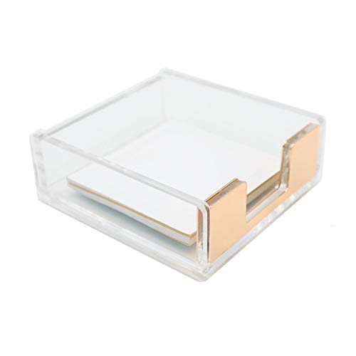Book Cover Clear Acrylic Copper Gold Self-Stick Note Pad Holders Sticky Memo Note Cube Holder Dispenser 3.5x3.3 Inch for Office Home School Desk Organizer Supplies