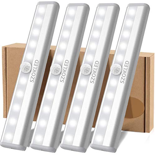 Book Cover SZOKLED Motion Sensor LED Lights Indoor Under Cabinet Lighting Wireless Battery Operated Night Light Bar Safe Light Stick-Anywhere for Closet Kitchen Wardrobe Stairs Hallway, 4 Packs White