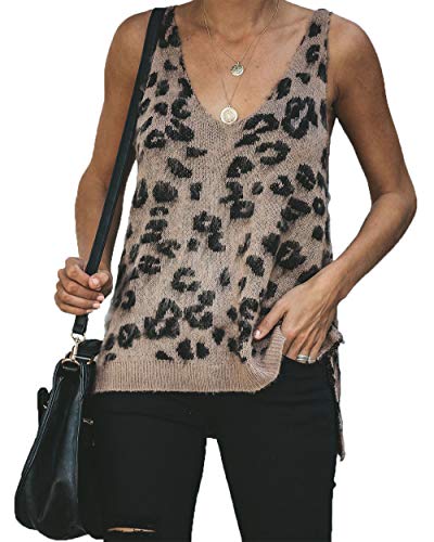 Book Cover HZSONNE Women's Casual Leopard High Low Hem Fuzzy Camisole V Neck Knitted Sweater Tops Cutout Tanks Sleeveless Shirt