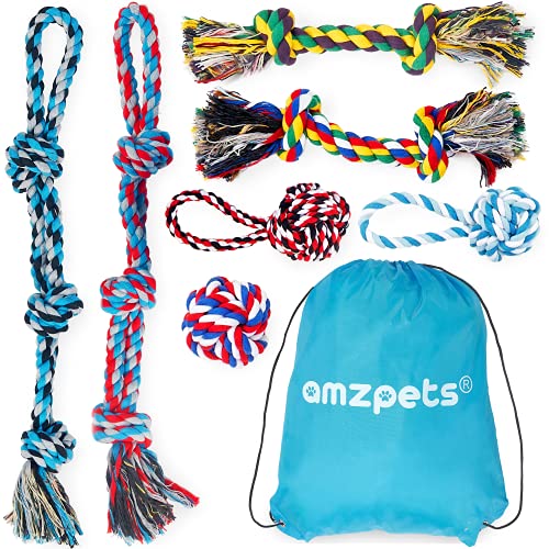Book Cover AMZpets Dog Toys for Aggressive Chewers, Dog Accessories Set of 7 for Medium or Large Breed, Knotted, Heavy Rope for Tug of War, Fetch, Teething