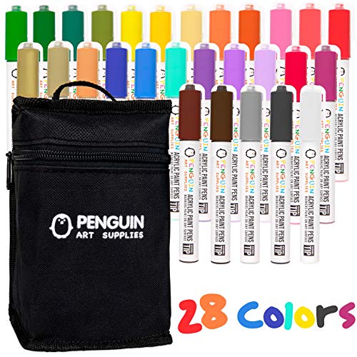 Book Cover 28 Dual Tip Acrylic Paint Pens: Craft Paint Markers for Painting Wood, Glass, Rock, Ceramic, Porcelain - Non Toxic Reversible Paint Pen with Thick 5mm Tip and 3mm Fine Tip - 28 Pens with Zipper Pouch