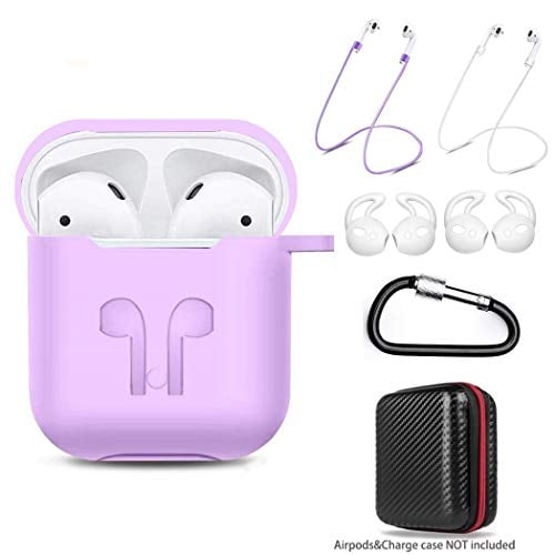Book Cover DZANHOT AirPodsCase 7 in 1 Airpods Accessories Kits Protective Silicone Cover and Skin for Apple Airpods Charging Case with Ear Hook Grips/Airpods Staps/Airpods Clips/Skin/Tips/Grips (Purple 7in1)
