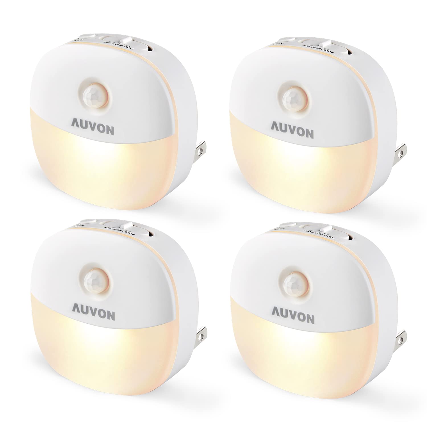 Book Cover AUVON Plug in Night Light with Motion Sensor and Dusk to Dawn Sensor, Mini Warm White LED Nightlight with 1-50 lm Adjustable Brightness for Bathroom, Hallway, Stairs, Bedroom, Kitchen (4 Pack) A-Warm White