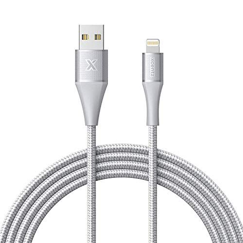 Book Cover xcentz iPhone Charger 6ft, MFi Certified iPad Charger Lightning Cable Braided Nylon Charging iPhone Cable with Premium Metal Connector for iPhone 11/11 Pro/X/XS/XR/XS Max, iPad Mini-Silver