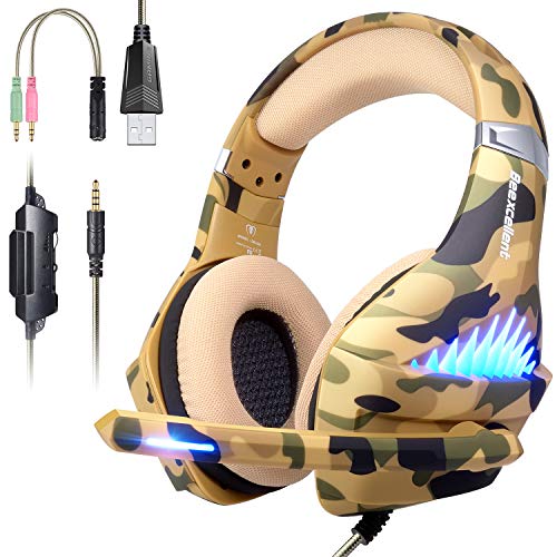 Book Cover Gaming Headset for PS4, Xbox One, PC, Nintendo Switch, Laptop Cellphone -Stereo Surround Gaming Headphones with Microphone, Noise Cancelling, LED Lights, Volume Control 3.5 mm Jack - Camo