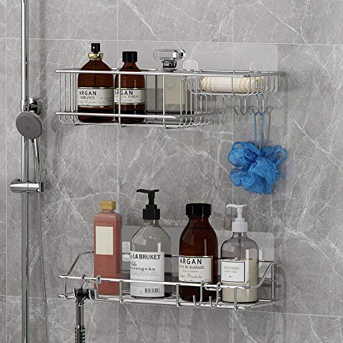Book Cover Adhesive Bathroom Shelf Organizer Shower Caddy Kitchen Storage Rack Wall Mounted No Drilling SUS304 Stainless Steel - 2 PACK