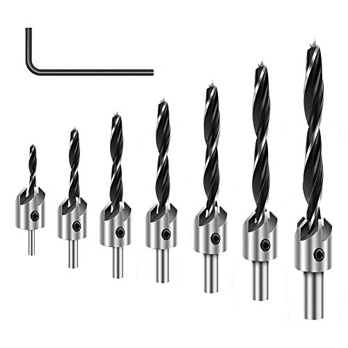 Book Cover COMOWARE Countersink Drill Bits Set- 7Pcs Counter Sink Bit for Wood High Speed Steel, Woodworking Carpentry Reamer with 1 Free Hex Key Wrench