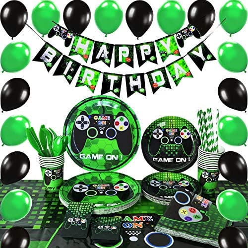 Book Cover WERNNSAI Video Game Party Supplies - 169 PCS Gaming Party Decoration Boys Birthday Party Cutlery Bag Table Cover Plates Cups Napkins Straws Utensils Birthday Banner & Balloons Serves 16 Guests