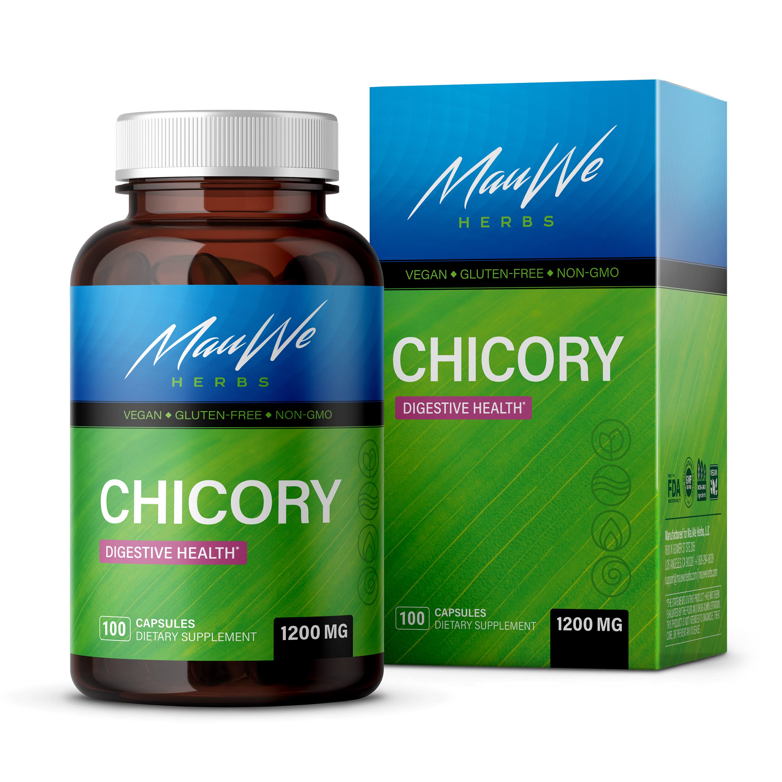 Book Cover MAUWE HERBS Chicory Root Fiber Capsules - Organic Chicory Root Inulin Pills for Digestive Support - Chicory Powder Herbal Supplement - Vegan - 1200mg, 100 Caps 100 Count (Pack of 1)