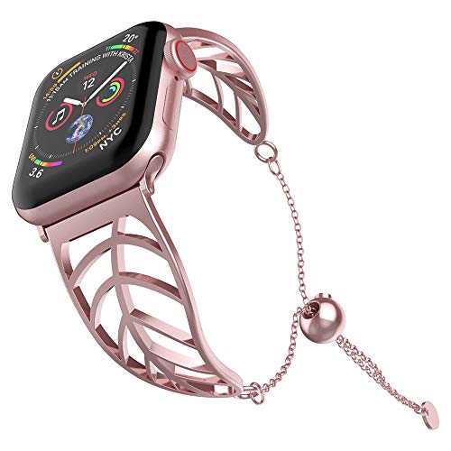 Book Cover Stainless Steel Band Compatible Apple Watch 38mm/40mm, Uoomoo Women Girls Jewelry Metal Strap Bangle Cuff Bracelet with Adjustable Tassels Clasp Compatible Apple Watch Series 7 6 5 4 3 2 1 SE -Pink Gold