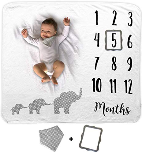 Book Cover Baby Monthly Milestone Blanket | Includes Bib and Picture Frame | 1 to 12 Months | Premium Extra Soft Fleece | Best Photography Backdrop Prop for Newborn Boy & Girl (Elephant Blanket)