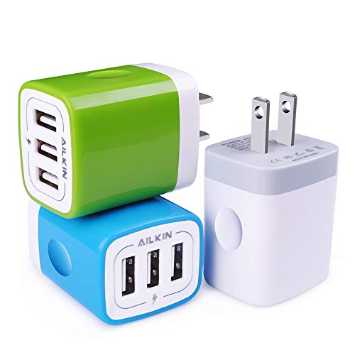 Book Cover USB Plug in Wall Charger, Charging Block, 3Pack Ailkin 3.1A Fast Charge 3- Port Power Adapter Cube Box Brick Base Compatible with iPhone, iPad, LG, Honor, Samsung, Kindle Fire, Blue, All USB