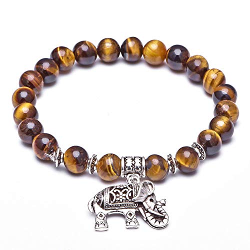Book Cover Natural Tiger Eye Crystal Bracelet with Thai Elephant Adornment, Blessed by Thai Eminent Monk- Brings Luck and Prosperity (8MM)