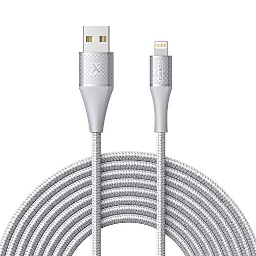 Book Cover Xcentz iPhone Charger 10ft, MFi Certified Lightning Cable, Braided Nylon High-Speed iPhone Cable with Premium Metal Connector for iPhone 11/X/XS/XR/XS Max/8/7/6/5S/SE, iPad Mini/Air, Silver