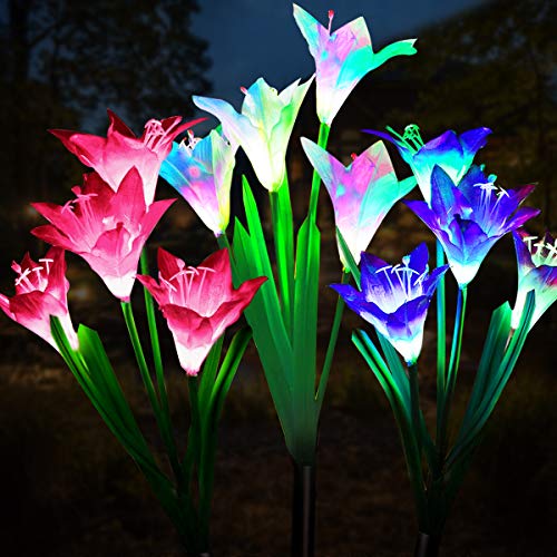 Book Cover Wohome Outdoor Solar Garden Stake Lights,3 Pack Solar Powered Lights with 12 Lily Flower, Multi-Color Changing LED Solar Landscape Lighting Light for Garden, Patio