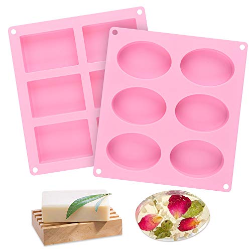 Book Cover 2 Pcs SJ Silicone Soap Molds, Rectangle & Oval, 6-Cavity Silicone Molds for Pudding, Muffin, Loaf, Brownie, Cornbread, and Cheesecake, Loaf Soap Molds, Nonstick & BPA free (Pink)
