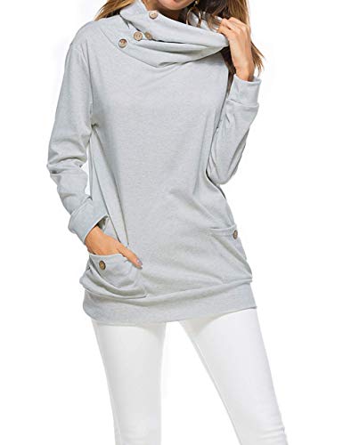 Book Cover foveitaa Women's Long Sleeve Cowl Neck Pullover Button Casual Tops Tunic Sweatshirts with Pockets Gray