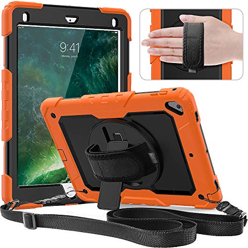 Book Cover Timecity Case for iPad 6th/5th Generation, iPad 9.7 Inch 2018/2017 Case with Rotating Stand/Strap Full-Body Silicone+PC Durable Protective Case for iPad 5th/6th / Air 2/ Pro 9.7 Orange