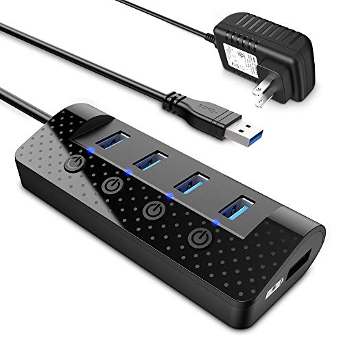 Book Cover Powered USB Hub 3.0, atolla USB Hub with 4 USB 3.0 Data Ports and 1 USB Smart Charging Port, USB Splitter with Individual Power Switches and 5V/3A Power Adapter