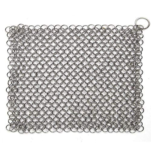 Book Cover Chainmail Scrubber 8x6 inch Stainless Steel Cast Iron Cleaner, Durable Anti-Rust Scrubber for Pots, Skillets, Griddle Pans, BBQ Grills and More, with Hanging Ring.
