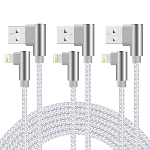Book Cover Quickeep iPhone Charger 10ft 90 Degree Lightning Cable 3 Pack iPhone Charging Cable Right Angle Nylon Braided Fast Charger Cord Compatible with iPhone 14 13 12 11 Xs XR X 8 7 6 (Silver)