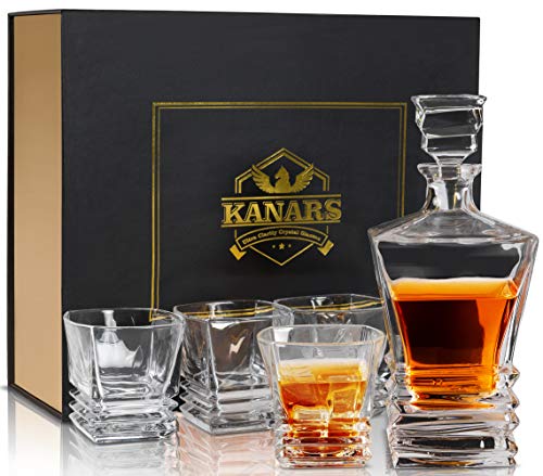 Book Cover KANARS Whiskey Decanter Set - Crafted Crystal Decanter With 4 Lowball Glasses for Scotch, Bourbon or Liquor - Men Dad Gift for Anniversary, Birthday, Retirement, Wedding, Father's Day