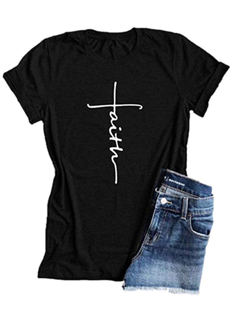 Book Cover Woxlica Cross Faith Christian Womens Graphic T-Shirts Summer Cotton Tops Tee Black Small