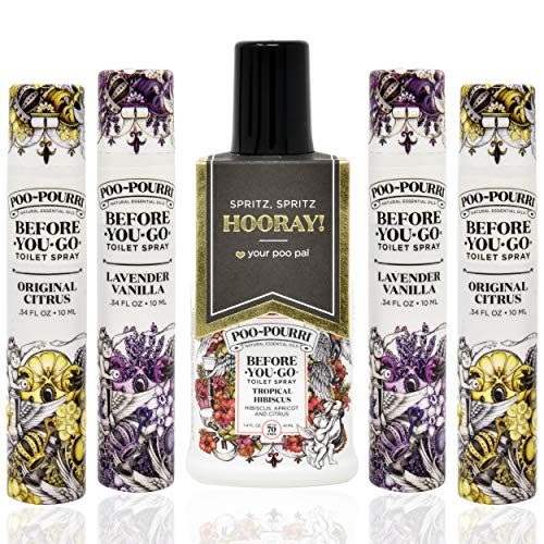 Book Cover Poo-Pourri 10mL Original Scent-2 Pack, Lavender 10mL Vanilla Scent-2 Pack and 1.4 Ounce Tropical Hibiscus Bottle with Bottle Tag Included
