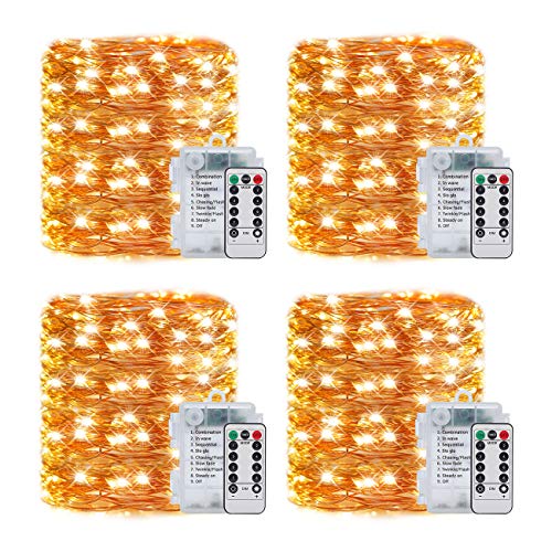 Book Cover LEDIKON 4 Pack 33Ft 100 Led Fairy Lights Battery Operated with 8 Modes Remote and Timer,Waterproof Copper Mini String Lights Firefly Twinkle Lights for Outdoor Wedding Chirstmas,Warm White