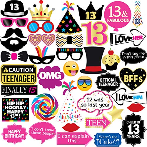 Book Cover 13th Birthday Photo Booth Party Props - 40 Pieces - Funny Official Teenager Birthday Party Supplies, Decorations and Favors