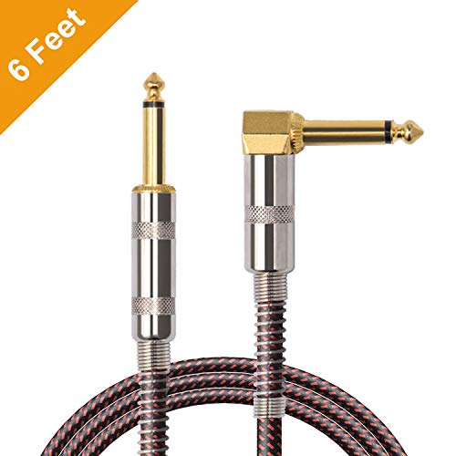 Book Cover OTraki Guitar Instrument Cable 6ft 1/4 inch Right Angle to Straight Connect Cord Red & Black Tweed Woven Jacket with 6.35mm Gold-Plated Plug for Electric Guitar/Bass/Drum Keyboard Effector Mixer