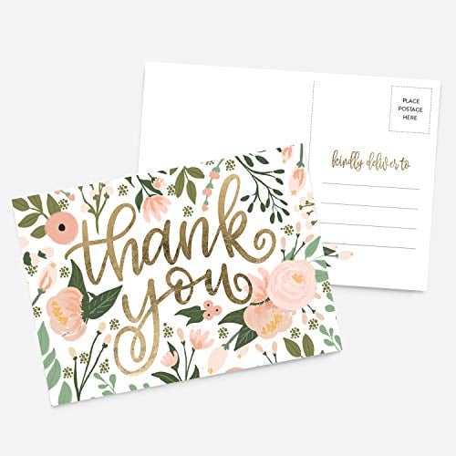 Book Cover 50 4x6 Thank You Postcards Floral Faux Gold Handlettered Bulk Set, Floral Watercolor Calligraphy Note Card Stationery, Blank Thank You Cards For Wedding, Bridesmaid, Bridal or Baby Shower, Business