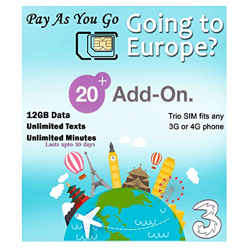Book Cover PrePaid Europe (UK Three) sim Card 2GB/5GB/12GB Data+Unlimited Minutes+Unlimited Texts for 30 Days with Free Roaming/USE in 71 Destinations Including Europe,South America and Australia (12GB Data)
