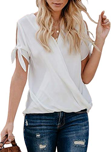 Book Cover HOTAPEI Womens Casual Summer Tie Sleeve Wrap V Neck Chiffon Blouses Tops Shirts
