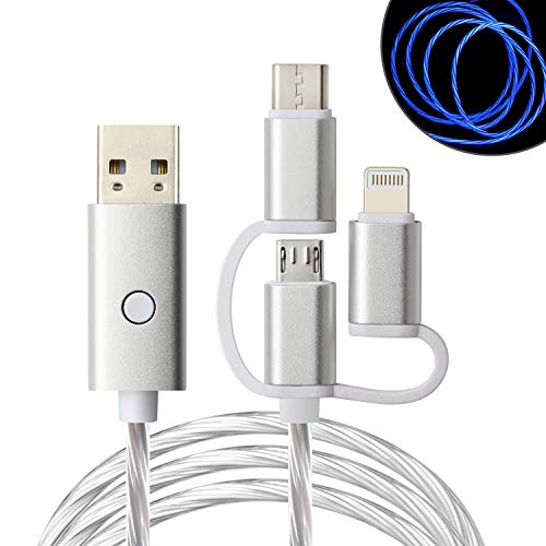 Book Cover LED Charger Cable, 3 in 1 Type C Micro USB 6ft Light Up Android Cord Compatible with iPhone 12 11 Xs 8 Plus Samsung Galaxy S7 S8 S9 S10 Note 8 LG (Blue Light)