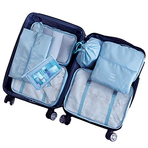 Book Cover 8 Piece Packing Cubes - WantGor 6 Suitcase Organiser Luggage Compression Pouches + 1 Shoes Bag + 1 Toiletry Bag (2#Blue)