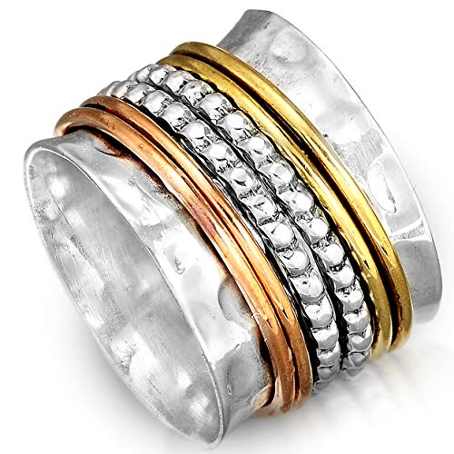 Book Cover Boho-Magic 925 Sterling Silver Spinner Ring with Brass and Copper Fidget Rings for Women Wide Band