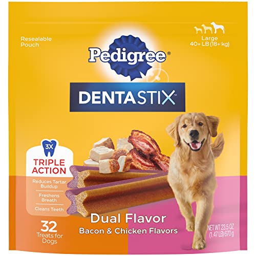 Book Cover PEDIGREE DENTASTIX Dual Flavor Large Dog Dental Treats, Bacon & Chicken Flavors Dental Bones, 1.47 lb. Pack (32 Treats)