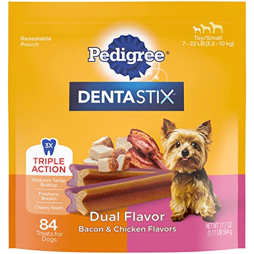 Book Cover PEDIGREE DENTASTIX Dual Flavor Small Dog Dental Treats, Bacon & Chicken Flavors Dental Bones, 18.24 oz. Pack (84 Treats)